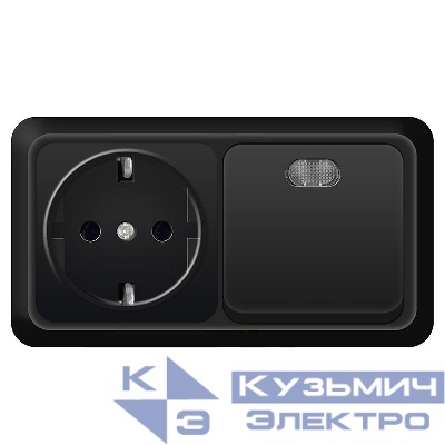 Блок ОП Олимп 1-кл. выкл. с подсветкой 10А + роз. с заземл. 16А 220В горизонт. черн. Universal 7946808