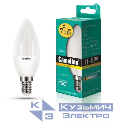 Лампа светодиодная LED8-C35/830/E14 8Вт свеча 3000К тепл. бел. E14 720лм 170-265В Camelion 12385