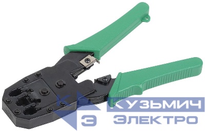 Инструмент обжимной для RJ45; RJ12; RJ11 без храпового механизма ручки из ПВХ с цепочкой зел. ITK TM1-G10V