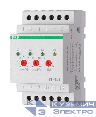 Переключатель фаз PF-451 (с выходами для контакторов; с регулируемыми верхними (230-260) и нижними (150-210) значениями напряжения переключения; монтаж на DIN-рейке 35мм 3х400/230+N 3х16А IP20) F&F EA04.005.003