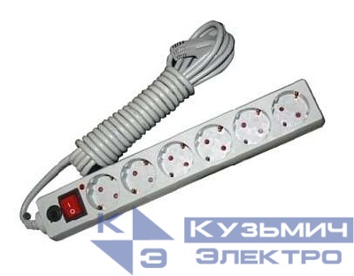 Удлинитель с сетевым фильтром 6х3м с заземл. 10А IP20 ПВС 3х0.75 защ. шторки сер. UNIVersal 967U-5003