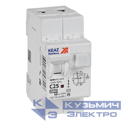 Выключатель автоматический дифференциального тока 2п с защитой от сверхтоков OptiDin D63-22C25-AC-У3 C25 30мА 4.5кА КЭАЗ 328100