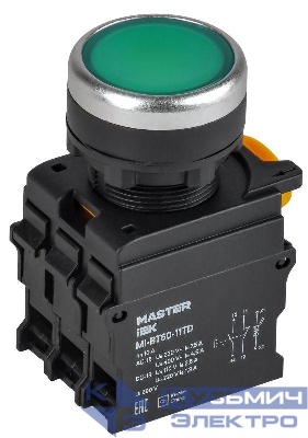 Кнопка d22мм 1НО+1НЗ MASTER с подсветкой и фиксацией зел. IEK MI-BT60-11TD-3-11-K06