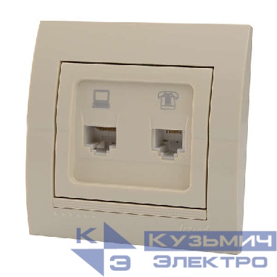 Розетка компьютерная + телефонная 2-м СП Deriy RJ45 + RJ11 IP20 крем. LEZARD 702-0303-143