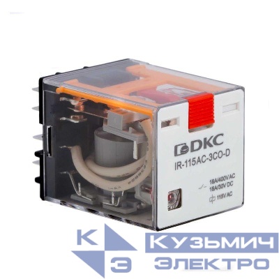 Реле миниатюрное силовое 3CO ком. ток 16А AgSnO2 напряжение 115В AC опция: тест-кнопка+светодиод DKC IR-115AC-3CO-D