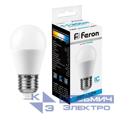 Лампа светодиодная LB-950 13Вт G45 шар 6400К E27 230В FERON 38106