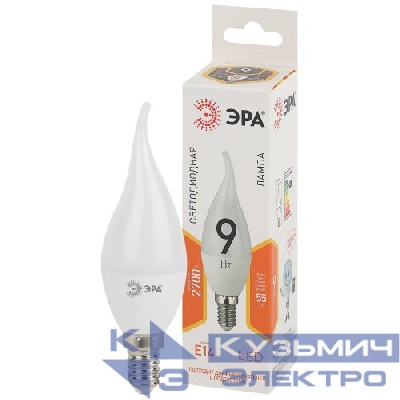 Лампа светодиодная BXS-9w-827-E14 свеча на ветру 720лм Эра Б0027973
