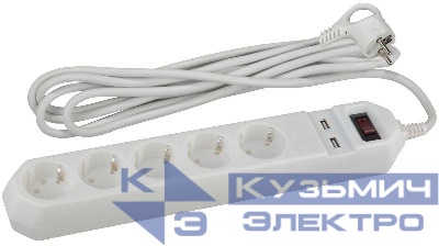 Удлинитель с сетевым фильтром 5х1.5м с заземл. 10А IP20 2хUSB ПВС 3х0.75 с выкл. бел. Эра Б0019037
