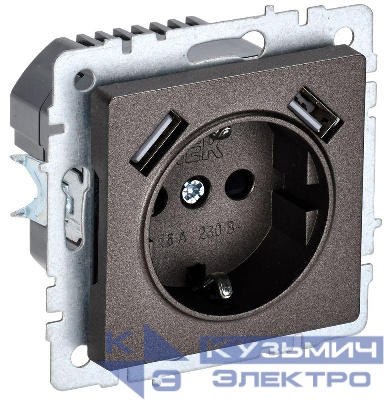 Розетка BRITE РЮш10-1-БрТБ 16А с USB A+A 2.1А с заземл. защ. шторки темн. механизм бронза IEK BR-R14-16-U21-D21-K45