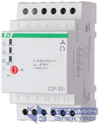 Реле контроля и наличия фаз CZF-331 (монтаж на DIN-рейке 35мм; регулировка порога отключения; 3х400/230+N 2х8А 2P IP20) F&F EA04.001.008