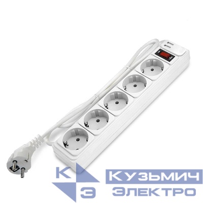 Удлинитель с сетевым фильтром 5х1.8м с заземл 10А 2.2кВт IP20 2хUSB ПВС 3х1 с выкл. бел. DOMTOK 2564