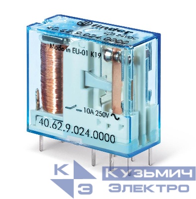 Реле миниатюрное универсальное электромеханич. монтаж на печатную плату или в розетку выводы с шагом 5мм 2CO 10А AgSnO2 24В DC (чувствит.) RTII FINDER 406270244000