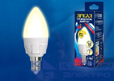 Лампа светодиодная LED-C37 7W/3000K/E14/FR/DIM PLP01WH Яркая 7Вт свеча матовая 3000К тепл. бел. E14 диммир. (упак. картон) Uniel UL-00004296