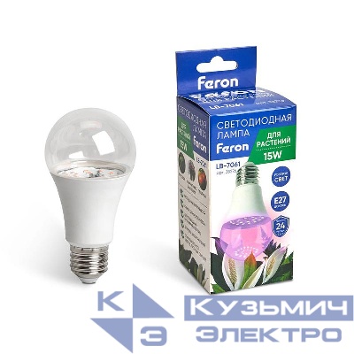 Лампа светодиодная LB-7061 15Вт А60 грушевидная E27 230В для растений красн./син. спектр FERON 38276