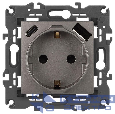 Розетка Elegance 14-4108-16 16A 250В 2P+E защ. шторки с USB type-A+C 3А 5В титан Эра Б0067695