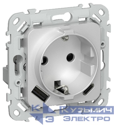 Розетка 1-м СП FLITE РСЮшс11-1-ФлА 16А с USB A+C 20Вт с заземл. с защ. шторками безвинтовое крепление механизм алюм. IEK FI-R14-16-1-U22-020-K47