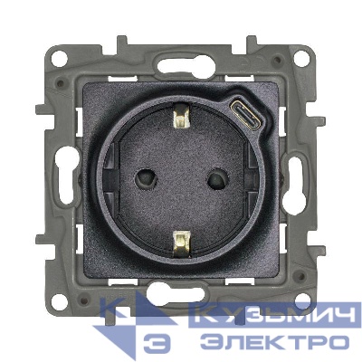 Розетка USB C Etika 16А 250В 1500мА 7.5Вт с заземл. защ. шторки безвинт. зажимы антрацит IEK 672688