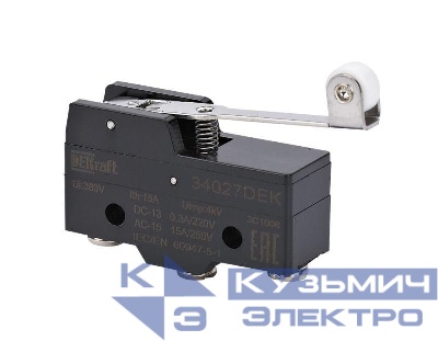 Выключатель концевой 1НО1НЗ миниатюрный шарнирн. длиннорычажного типа с роликом DEKraft 34027DEK