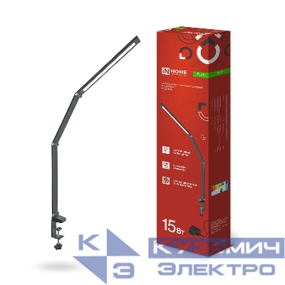 Светильник светодиодный настольный PLUS ССC-02Ч 15Вт 3000-6500К 600лм USB с адаптером на струбцине черн. IN HOME 4690612045269