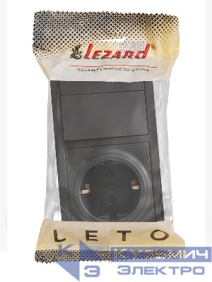 Блок ОП LETO (2-кл. выключатель + 1-м розетка с заземл.) горизонт. черн. бархат LEZARD 752-4200-170BKP