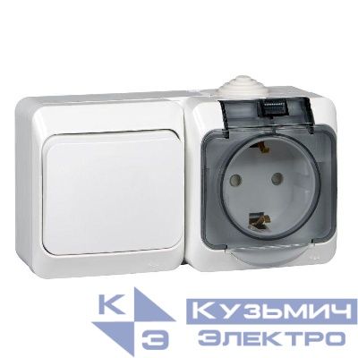 Блок ОП Этюд (розетка 16А 250В евростандарт с заземл. защ. шторки + 1-кл. выкл.) IP44 бел. SE BPA16-241B