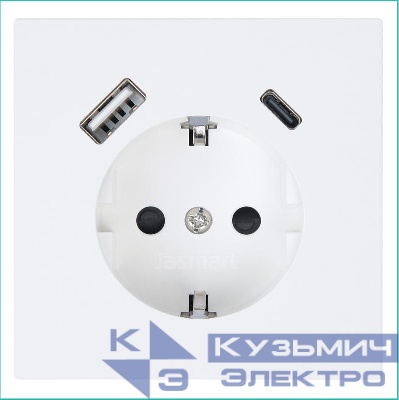 Розетка СП FD Shuko 16А с заземл. защ. шторки с 2-мя заряд. устр. USB тип A+C 25Вт механизм бел. матов. soft touch Jasmart FD5501USB-25PWM