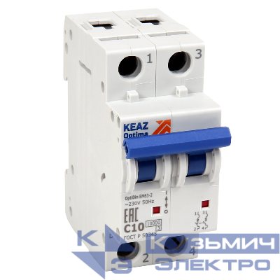 Выключатель автоматический модульный 2п B 4А 10кА OptiDin BM63-2B4-10-УХЛ3 КЭАЗ 262572