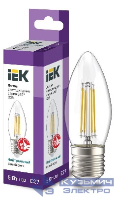 Лампа светодиодная филаментная 360° 5Вт C35 свеча прозрачная 4000К нейтр. бел. E27 230В IEK LLF-C35-5-230-40-E27-CL