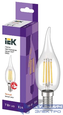 Лампа светодиодная филаментная 360° 7Вт CB35 свеча на ветру 3000К E14 230В IEK LLF-CB35-7-230-30-E14-CL