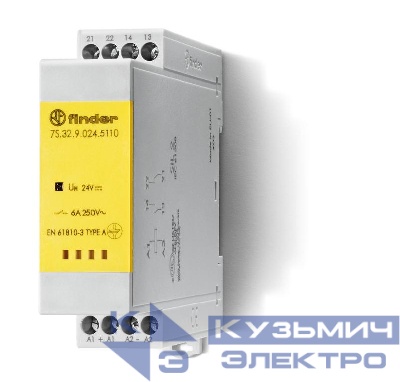 Реле безопасности модульное электромеханич. (реле с принудительным управлением контактами) 1NO+1NC 6А AgNi+Au 24В DC винт. клеммы 22.5мм IP54 FINDER 7S3290245110