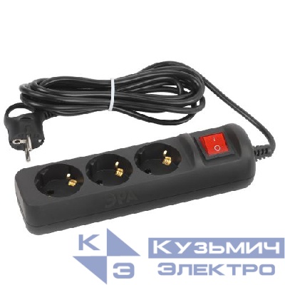 Удлинитель 3х5м с заземл. 10А с выкл. ПВС 3х0.75 черн. UX-3es-5m-B Эра Б0057729