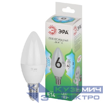 Лампа светодиодная GREEN LINE B35-6W-840-E14 GL 6Вт свеча 4000К яркий свет бел. E14 Эра Б0067109