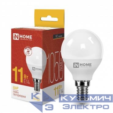 Лампа светодиодная LED-ШАР-VC 11Вт шар 3000К тепл. бел. E14 1050лм 230В IN HOME 4690612020587