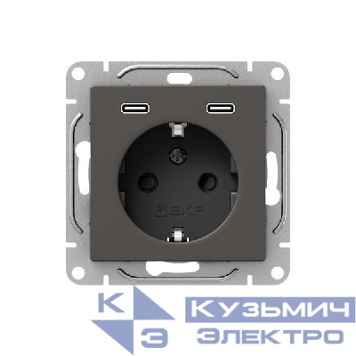 Розетка СП Эпика 16А с 2 USB-C с заземл. защ. шторки механизм мокко EKF UP1-SOM-111-2USBC