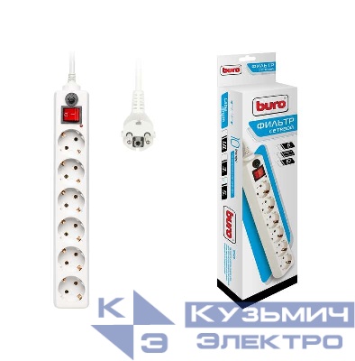 Удлинитель с сетевым фильтром 6х5м с заземл. 10А IP20 600SH-5-W CCA 3х0.75 бел. BURO 992275