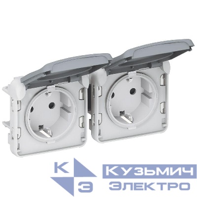 Розетка 2-м СП Plexo 16А IP55 горизонт. 2х2P+E с заземл. с крышкой немецк. стандарт механизм сер. Leg 069576