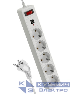 Удлинитель с сетевым фильтром 5х1.8м с заземл. 10А IP20 2.2кВт 2хUSB 3х0.75 с предохранителем КОСМОС FKsm1.8m-5g(W)USB