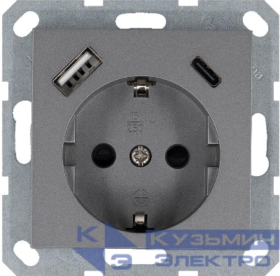 Розетка Shuko 16А с заземл. защ. шторки с 2-мя заряд. устройствами USB тип A+C 25Вт механизм алюм. Jasmart G5501USB-25S