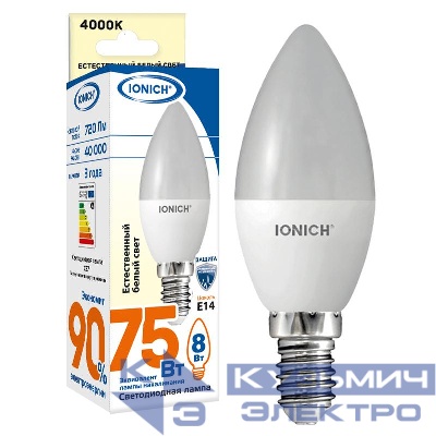 Лампа светодиодная ILED-SMD2835-C37-8-720-220-4-E14 (1300) IONICH 1535