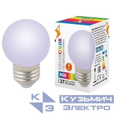 Лампа светодиодная LED-G45-1W/RGB/E27/FR/С 1Вт шар матовая RGB E27 декоративная (упак. картон) Volpe UL-00005808