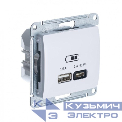 Розетка USB Glossa тип A+C 45Вт QC PD высокоскор. ЗУ механизм бел. SE GSL000129