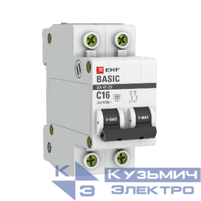 Выключатель автоматический модульный 2п C 16А 4.5кА ВА 47-29 Basic EKF mcb4729-2-16C