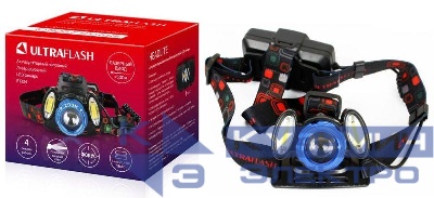 Фонарь аккумуляторный налобный E1334 3LED 4Вт фокус 4 режима аккум. 3.7В метал. син./черн. Ultraflash 13904