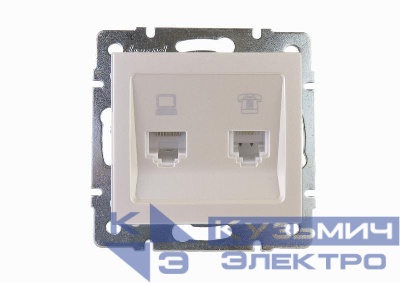 Розетка компьютерная + телефонная 2-м Rain RJ45 + RJ11 механизм жемчуж./бел. перламутр. LEZARD 703-3088-143