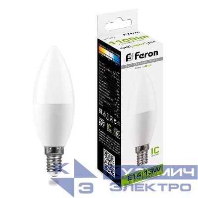 Лампа светодиодная LB-970 13Вт C37 свеча 4000К E14 230В FERON 38108