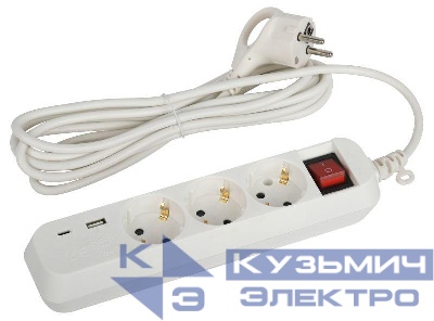 Удлинитель 3х3м с заземл. 10А +1xUSBA+1xUSBC с выкл. UB-3es-3m-USB Эра Б0052898