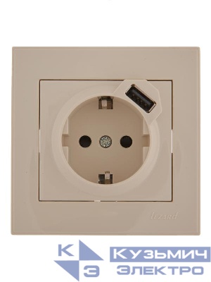 Розетка 1-м СП Rain 16А с заземл. + USB разъем крем. LEZARD 703-0303-181