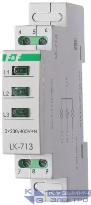 Указатель напряжения LK-713 3 зел. светодиода (сигнализация наличия 3ф 35мм 3х400/230+N IP20 монтаж на DIN-рейке) F&F EA04.007.002