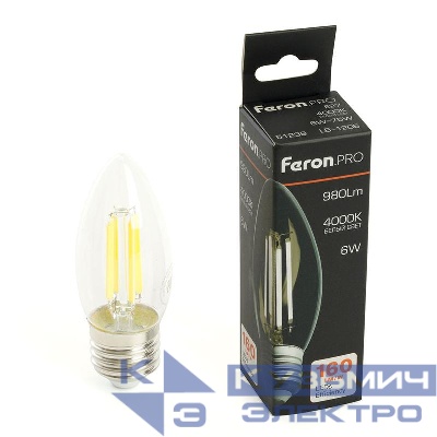 Лампа светодиодная LB-1206 6Вт C35 свеча прозрачная 4000К E27 980лм 175-265В FERON 51239