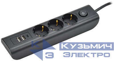 Удлинитель 3х2м с заземл. 16А 250В MODERN У03В с выкл. USBх3 (type-Aх2шт + type-Cх1шт) ПВС 3х1 черн. IEK WYP12-16-03-02-ZKU-K02